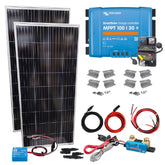 Complete Victron 460W RV Solar Kit with MPPT charge controller, SWE solar panels, waterproof SmartShunt, BlueSea breaker, mounting brackets, and wiring
